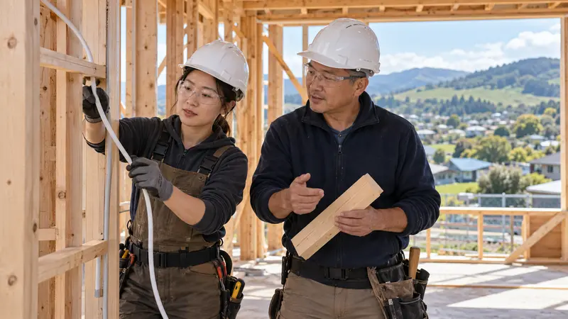 两名戴安全帽的华人技工在新西兰木结构住宅工地协作,一人布线,一人手持木料。