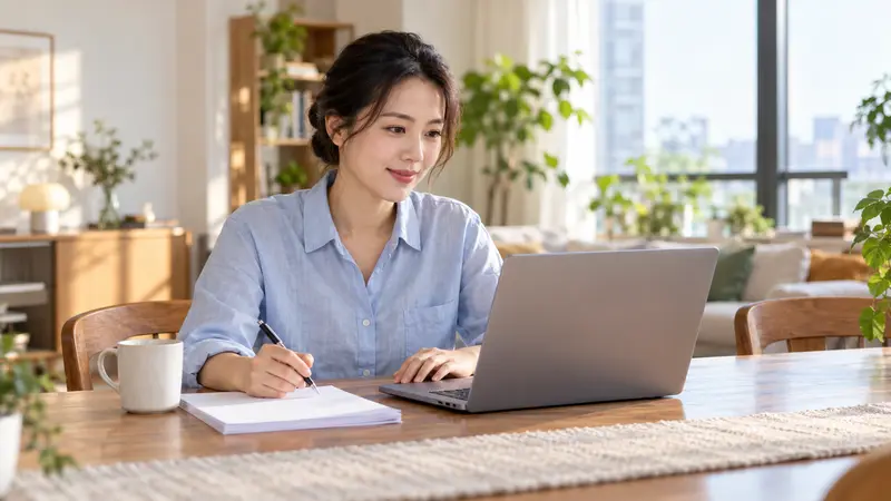 一名中国女子坐在阳光充足的家中,查看笔记本电脑并拿笔记录,桌上放着纸张和水杯。