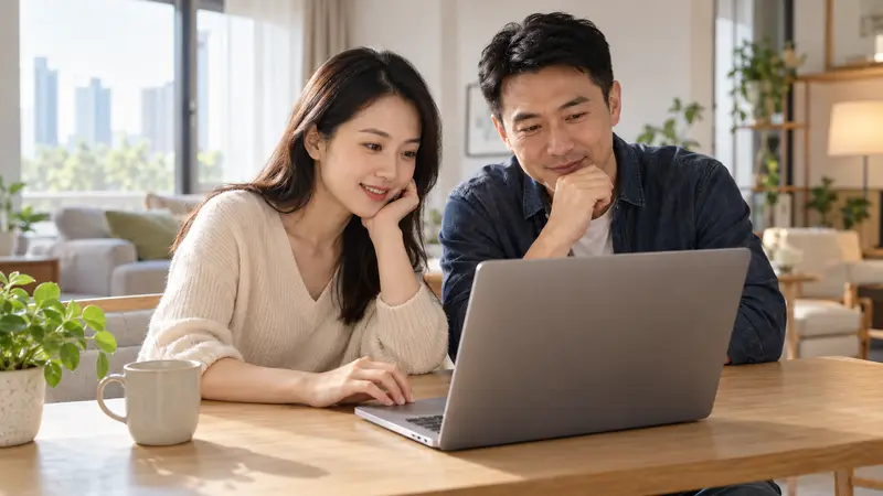 一男一女坐在阳光明亮的家中，一起查看笔记本电脑，桌上摆着陶瓷杯和绿植。