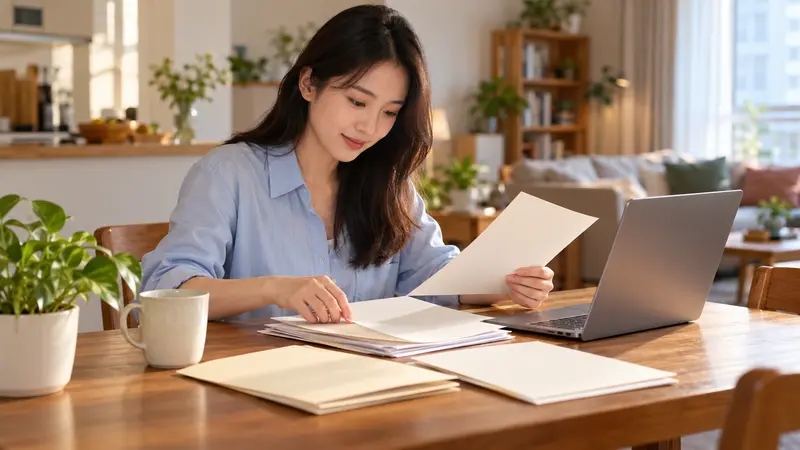 一名年轻中国女性在阳光明亮的家中整理纸质材料，桌上放着笔记本电脑、文件夹和水杯。