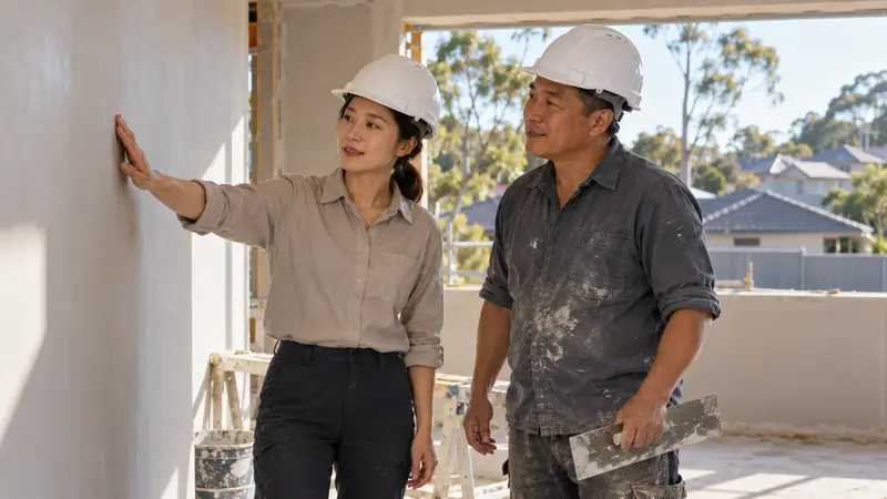 两名戴安全帽的华人建筑从业者在澳洲住宅工地检查墙面，窗外阳光明亮。