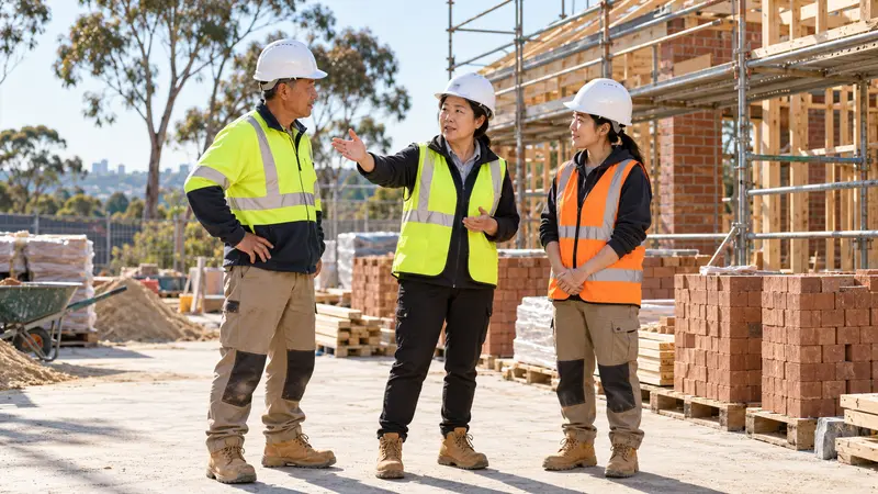 三名戴安全帽、穿反光工作服的华人在澳洲建筑工地交流施工安排。