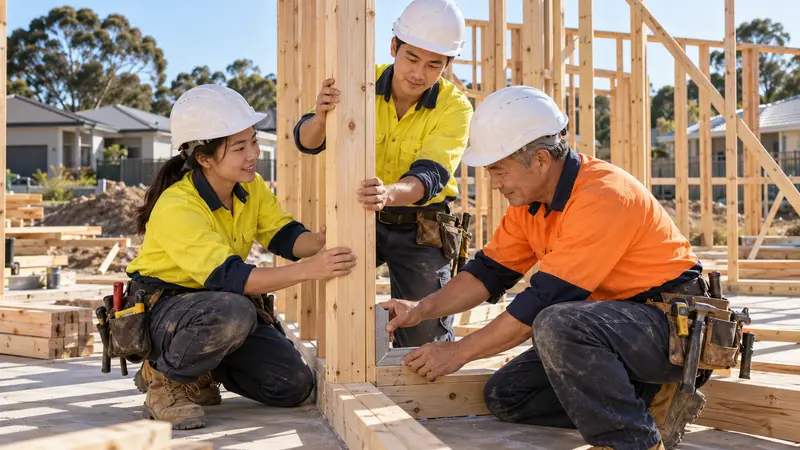 三名戴安全帽、穿高可视工作服的华人工人在澳洲住宅工地协作搭建木结构。