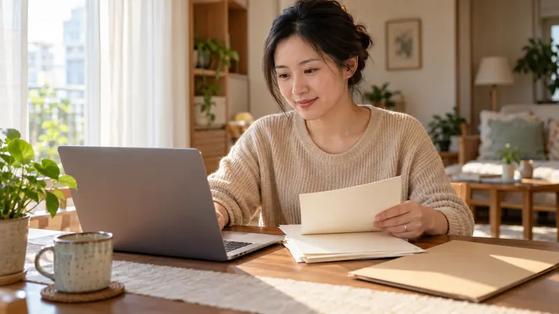 一名中国女子坐在阳光明亮的家中，一边查看笔记本电脑，一边整理桌上的纸张。