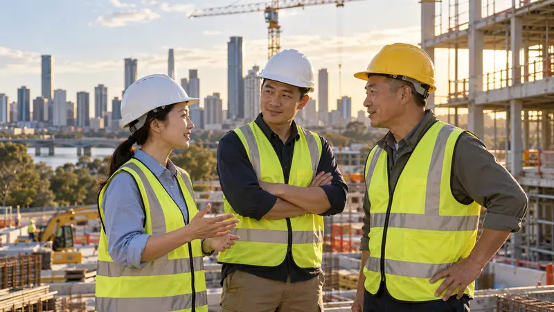 三名戴安全帽、穿反光背心的华人工作者在澳大利亚建筑工地交谈，身后是城市天际线。
