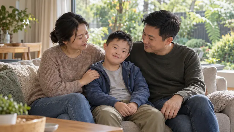 一名男孩与父母依偎坐在阳光明亮的客厅沙发上，三人神情温暖放松。