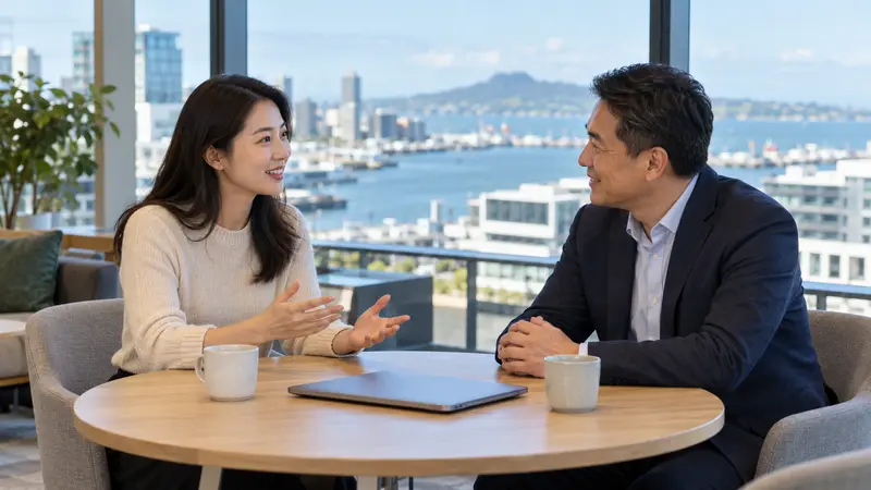 一男一女在明亮的办公室里交谈，桌上放着笔记本电脑和杯子，窗外是奥克兰海港。