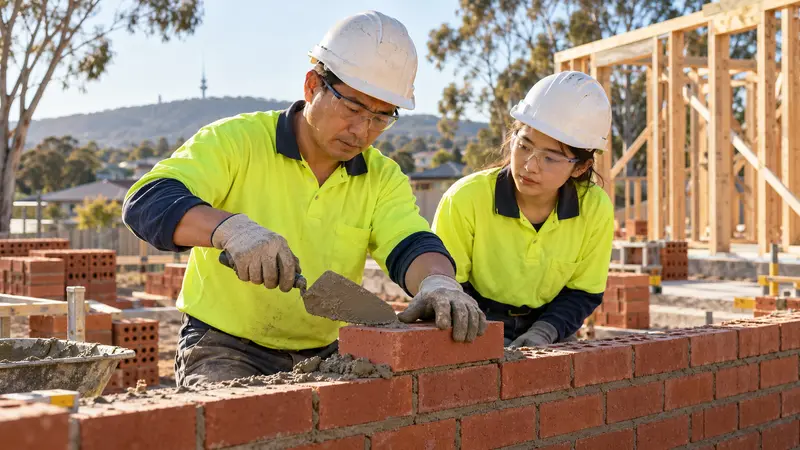 堪培拉住宅工地上，一名华人砌砖工示范砌墙，年轻女学徒在旁学习。