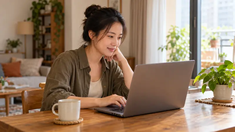 一名中国女性在阳光明亮的家中使用笔记本电脑，木桌上摆着水杯和绿植。