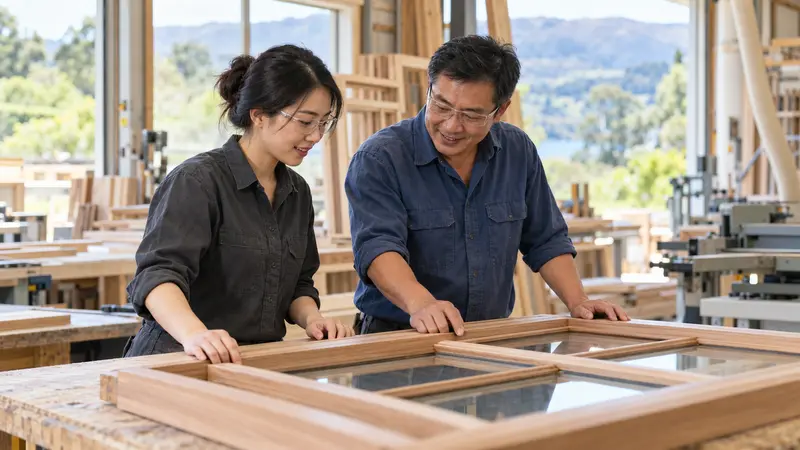 两名华人技工在明亮的新西兰木工作坊内，共同检查工作台上的木制窗框。