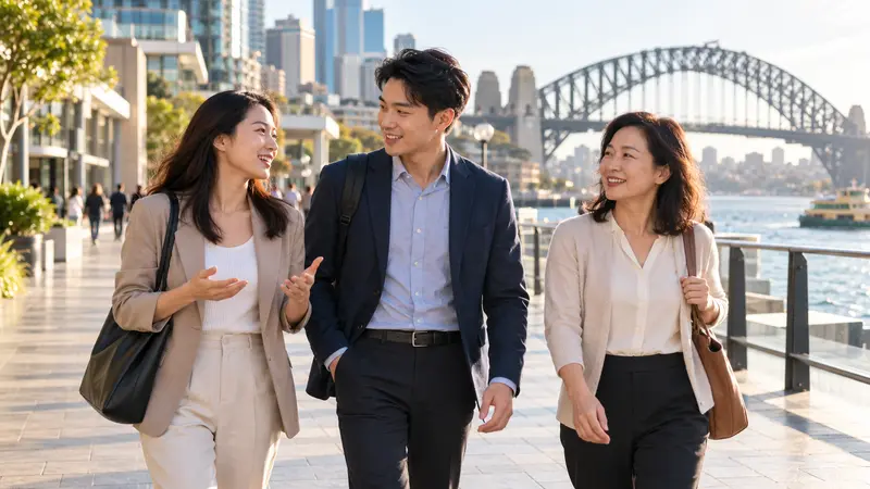 三位华人模样的成年人在悉尼海港旁边走边交谈，背景是海港大桥与城市楼宇。