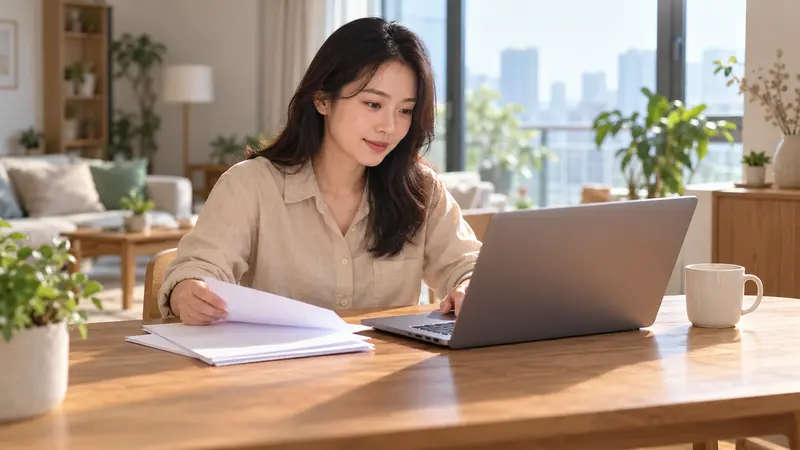 一位中国女性坐在阳光洒落的家中，使用笔记本电脑并整理桌上的纸张。