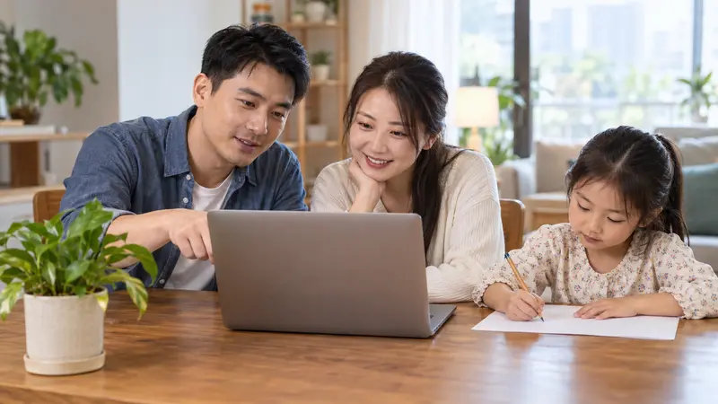 一对中国夫妻在明亮的家中一起查看笔记本电脑，女儿坐在旁边画画。
