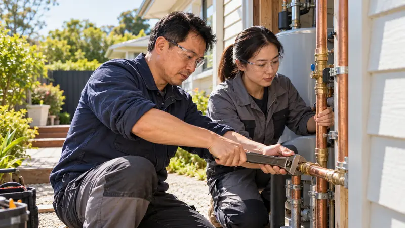 两名华人水管技工戴着护目镜，在新西兰住宅旁协作检修铜制水管。