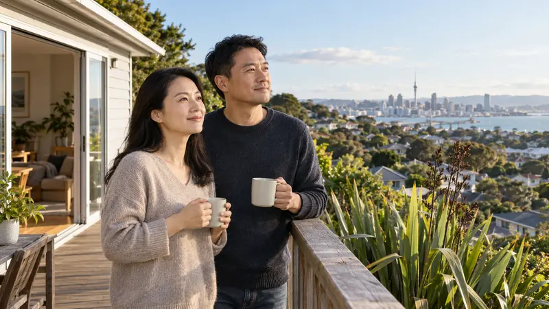 一对华人伴侣手捧杯子站在新西兰住宅露台上，远眺阳光下的奥克兰市区与海港。