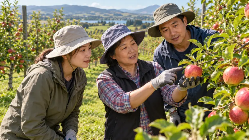 新西兰苹果园里，一位女培训员向两名工人示范如何检查苹果。