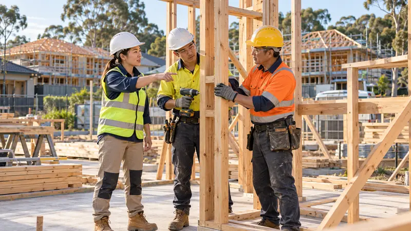 三名戴安全帽的华人建筑从业者在澳大利亚住宅工地协作搭建木结构房屋。