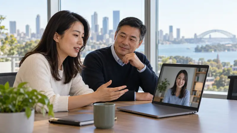 两位华人员工在悉尼明亮的办公室里，通过笔记本电脑与远程同事视频交流。
