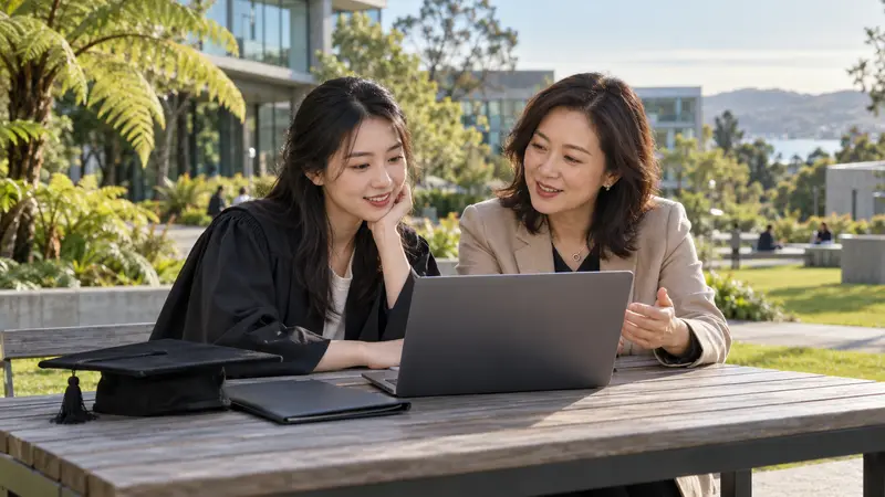 一名身穿毕业袍的中国女学生与职业顾问坐在新西兰校园的户外桌旁，一起查看笔记本电脑。