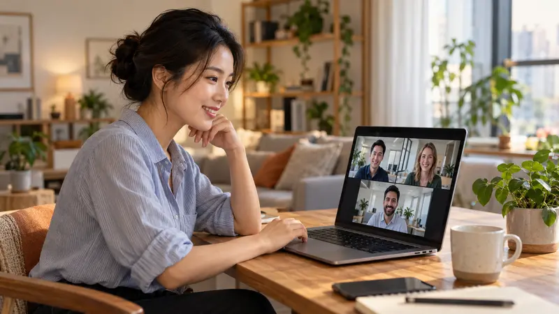一名女子在明亮的家中使用笔记本电脑，与三位同事进行视频会议。