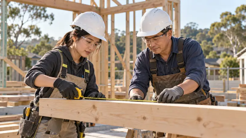 两名戴安全帽的华人建筑工人在澳洲住宅工地上共同测量木梁。