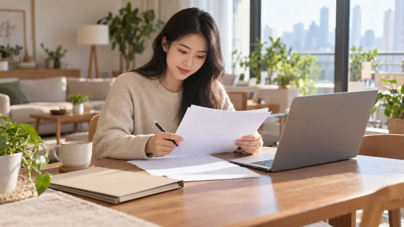 一位年轻中国女子坐在阳光明亮的家中，手持纸张和笔，身旁放着笔记本电脑。