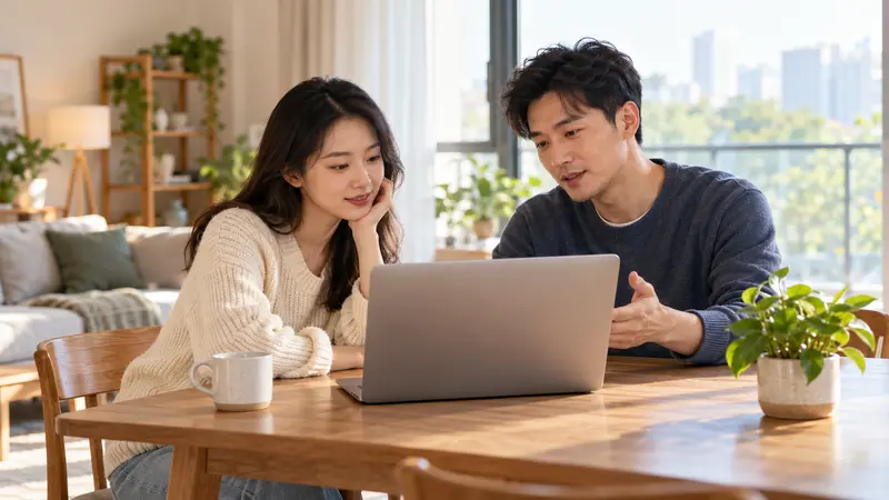 两位年轻人在阳光明亮的家中围坐木桌，一起查看笔记本电脑并交流。