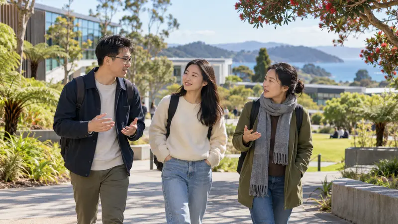 三名背着背包的中国成年学生在阳光明媚的新西兰校园里边走边交谈，远处可见海湾和群山。