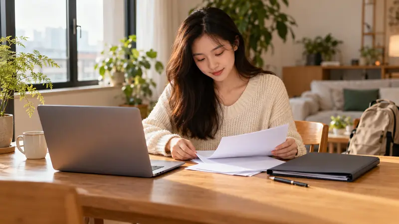 一名年轻中国女子在阳光明亮的家中整理纸张，桌上放着笔记本电脑和文件夹。