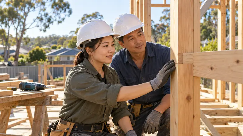 两名戴安全帽的华人木工在阳光下的澳洲住宅工地检查木结构接合处。