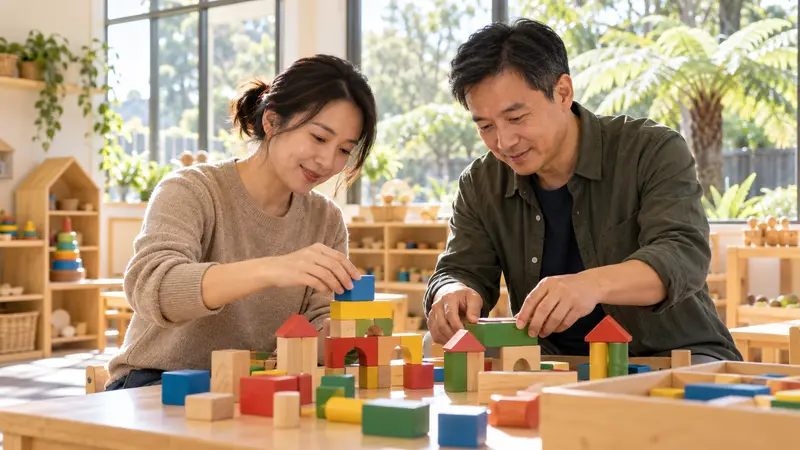 两位华人幼儿教师在阳光明亮的教室里合作摆放彩色木质积木。