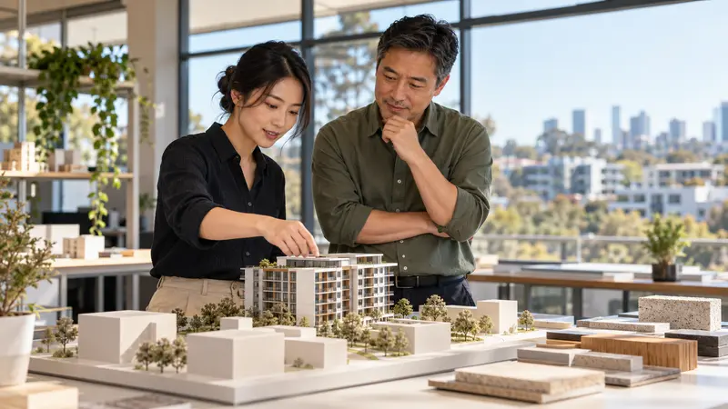 两位华人工程师在阳光明亮的工作室里讨论住宅建筑模型,窗外是城市景观。