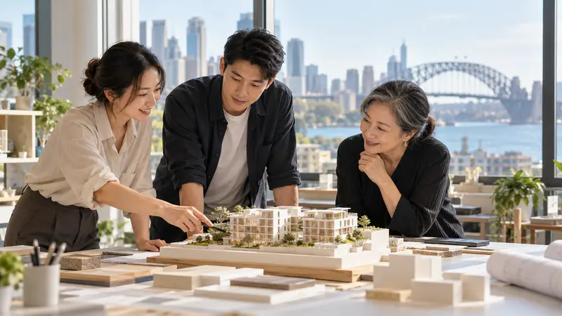 三位不同年龄的华人同事在明亮的悉尼工作室讨论建筑模型,窗外可见海港大桥。