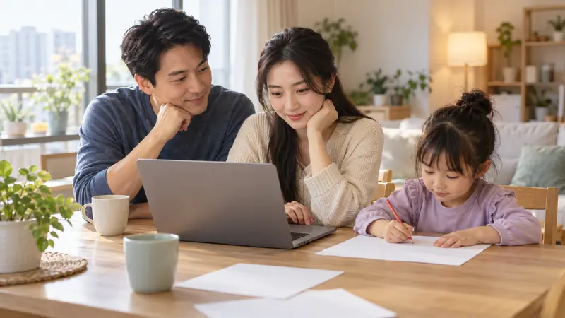 阳光明亮的家中,一对中国夫妇坐在餐桌前查看笔记本电脑,女儿在旁边画画。