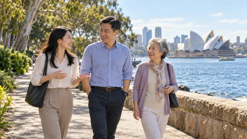 三位不同年龄的华人在阳光下的悉尼海港边散步交谈,远处是悉尼歌剧院。