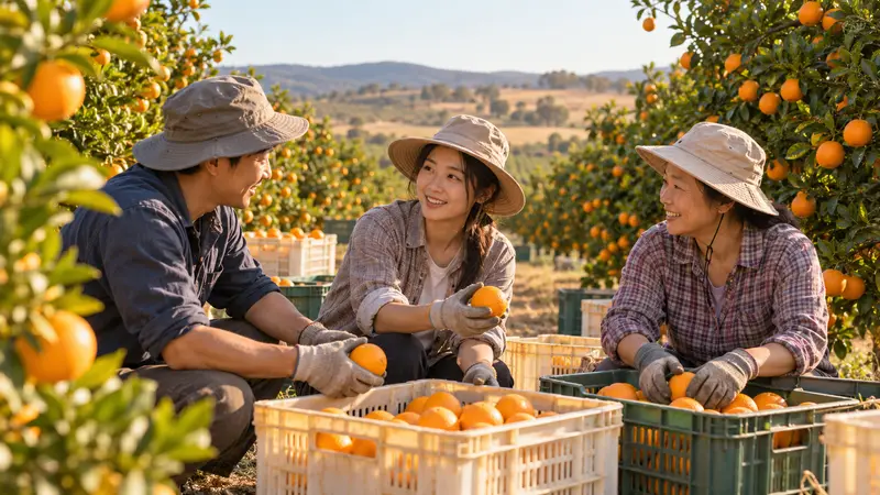 三名戴遮阳帽的华人农场工人在阳光下的澳洲果园里一边整理橙子,一边轻松交谈。
