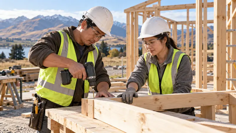 两名戴安全帽的中国技工在新西兰建筑工地协作组装木框架,远处是湖泊与群山。