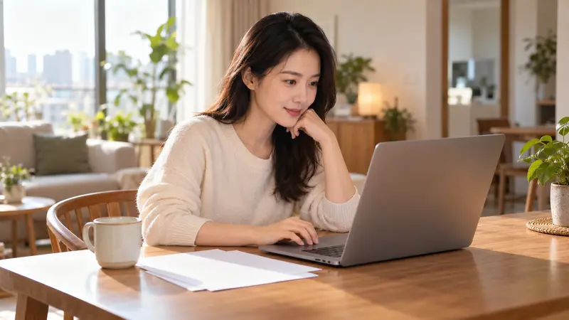 一名女子坐在阳光充足的家中使用笔记本电脑,桌上放着白纸和陶瓷杯。