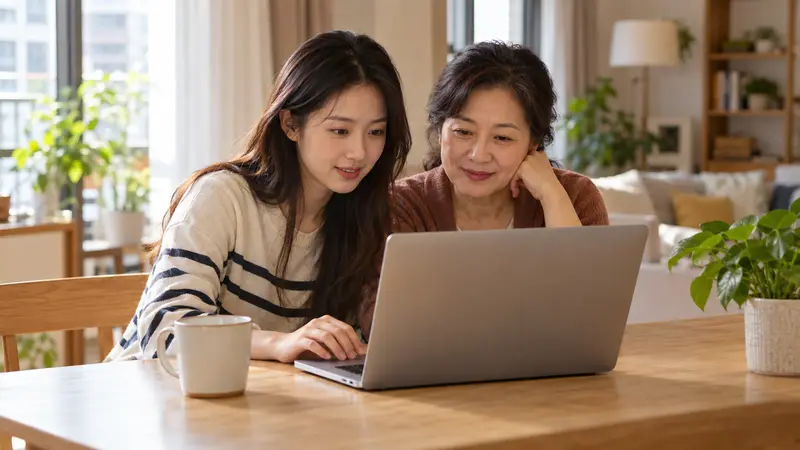 年轻女子与母亲坐在阳光明亮的家中,一起查看笔记本电脑。