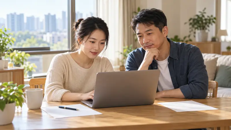 一男一女坐在阳光明亮的家中,共同查看笔记本电脑,桌上放着白纸、笔和茶杯。