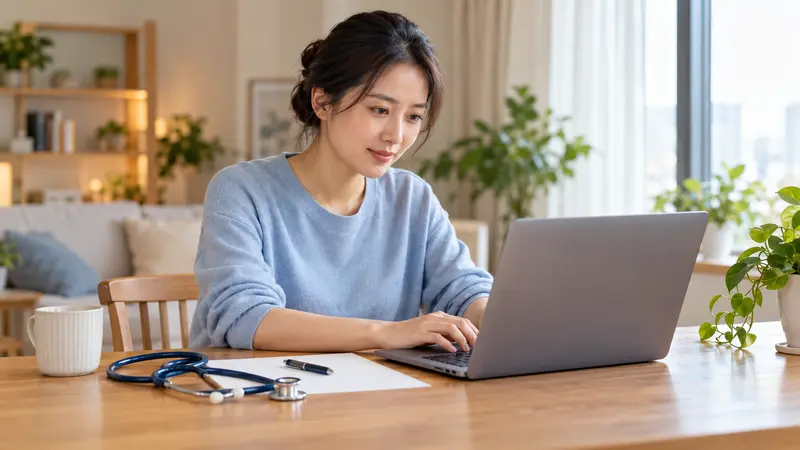 一位中国女性在阳光明亮的家中使用笔记本电脑，桌上放着听诊器、白纸和笔。
