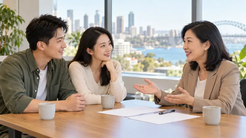 一对中国夫妇在明亮的办公室里与女顾问围桌交谈，桌上放着白纸、笔和水杯。