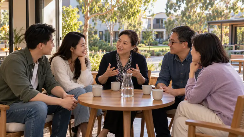 五名不同年龄的华人围坐在阳光明亮的社区空间里，轻松交谈。