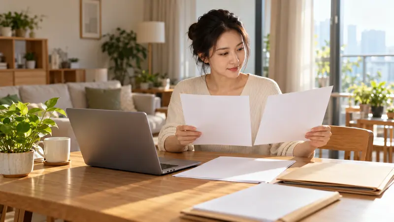 一位中国女性在阳光明亮的家中核对纸质材料，桌上放着笔记本电脑和文件夹。
