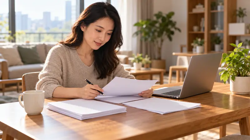 一位中国女性在阳光明亮的家中整理纸质材料,桌上摆着笔记本电脑、茶杯和绿植。