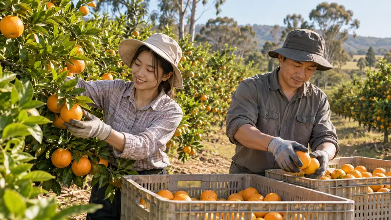 两名戴着遮阳帽的华人农场工人在澳洲果园里采摘橙子并装入果筐。