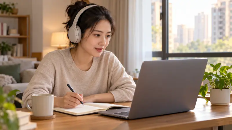 一位中国女性戴着耳机，在明亮的家中使用笔记本电脑备考英语。