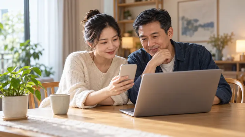 一男一女坐在阳光明亮的家中一起查看手机，桌上放着笔记本电脑、陶瓷杯和绿植。
