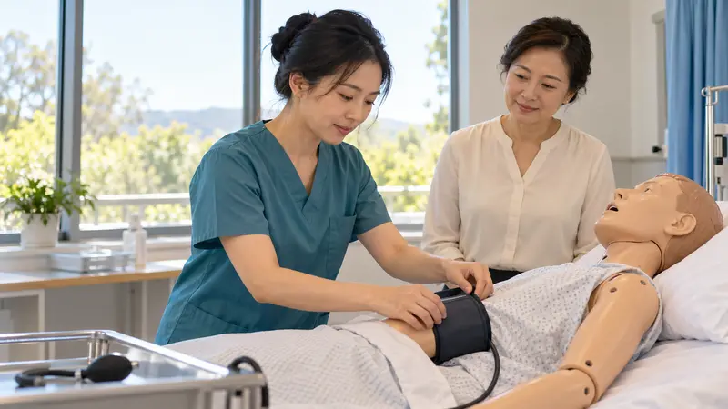 一名中国护士在明亮的护理实训室内为模拟人佩戴血压袖带，旁边的指导老师微笑观察。