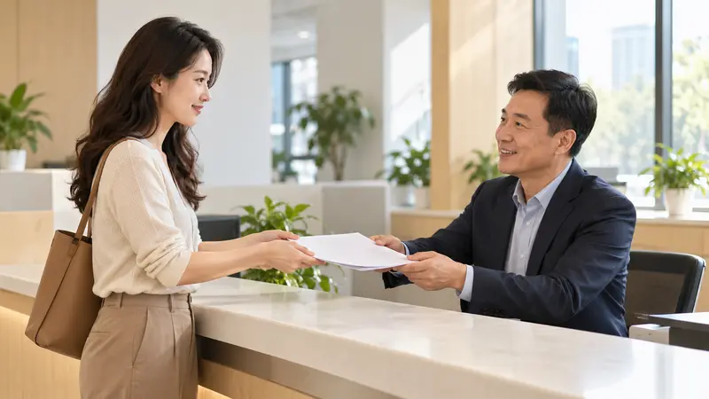 一位中国女性在明亮的公证处服务柜台前，微笑着将纸质材料递给男工作人员。